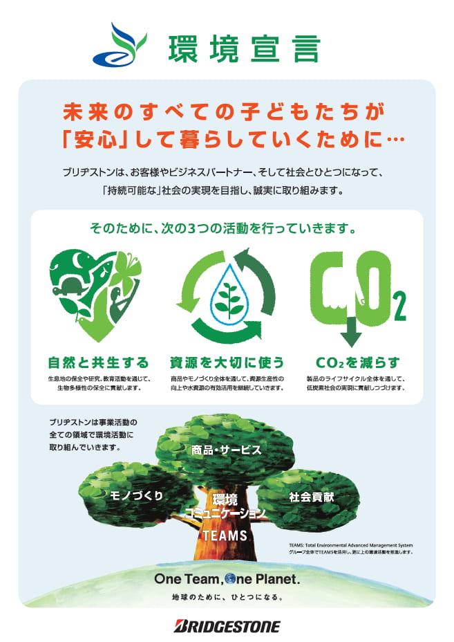 環境宣言 未来のすべての子どもたちが「安心」して暮らしていくために… ブリヂストンは、お客様やビジネスパートナー、そして社会とひとつになって、「持続可能な」社会の実現を目指し、誠実に取り組みます。 そのために、次の3つの活動を行っていきます。自然と共生する、資源を大切に使う、CO2を減らす。